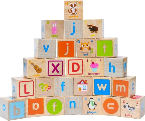 Montessori Mama Bloques de madera para niños pequeños de 1 a 3 años, bloques apilables grandes de madera dura de 1.6 pulgadas con letras, formas,