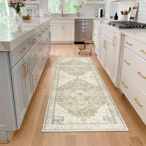 Miniatura 10 de Alfombra de área pequeña de 2x3 pies, antideslizante, neutra, persa lavable estilo casa de campo para entrada, para interiores, color beige tostado