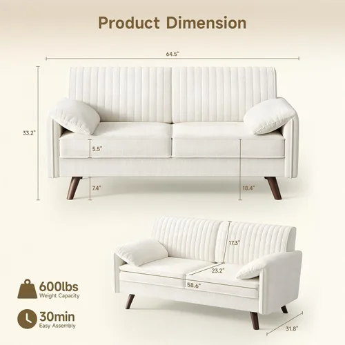 Miniatura 2 de ONBRILL Sofá Loveseat de 64.5", Sofá Loveseat de Chenilla para Sala de Estar, Asiento Profundo de 23.2" Love Seat con Brazos Acolchados, Cómodos