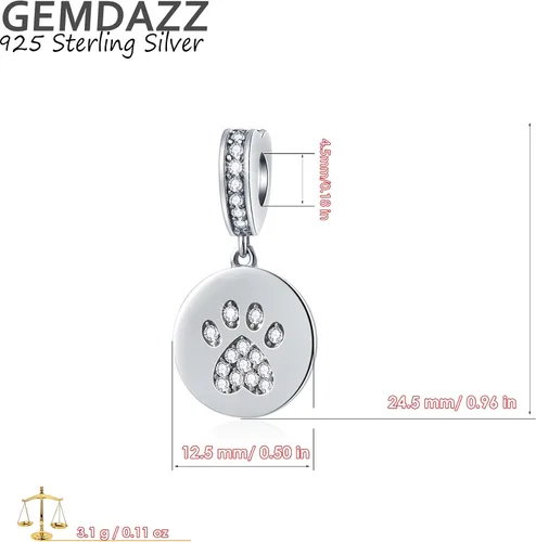 Miniatura 2 de GEMDAZZ Dijes brillantes con estampado de pata de cachorro en plata de ley 925, cuentas redondas de circonita cúbica para pavé para perros