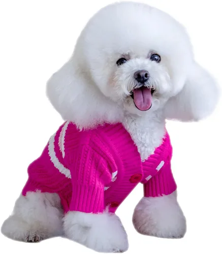 CuteBone - Suéter de punto a rayas para perros, ropa de invierno de punto rosa para perros pequeños, gatos, niño, niña, atuendo para mascotas con