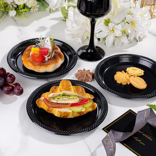Miniatura 7 de WELLIFE Platos de plástico negro de 7 pulgadas, 50 unidades, platos desechables para fiestas de Año Nuevo, platos pequeños de postre para cena