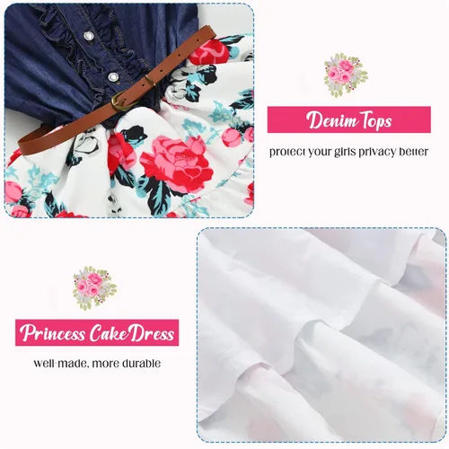 Miniatura 5 de YJ.GWL Vestido de niña de flores, vestido floral de mezclilla, vestidos de princesa para niñas, vestido blanco de primavera y verano, trajes