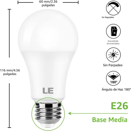Miniatura 6 de LE - Bombillas LED equivalentes a 100 W, 14 W, 1500 lúmenes, luz blanca diurna 5000 K, no regulable, base estándar A19 E26, 10000 horas de vida Luz