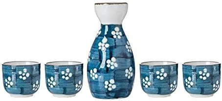 Juego de sake de 5 piezas, juego de sake japonés de cerámica duradero con 1 jarra/decantador/botella de Tokkuri y 4 tazas Ochoko para sake caliente