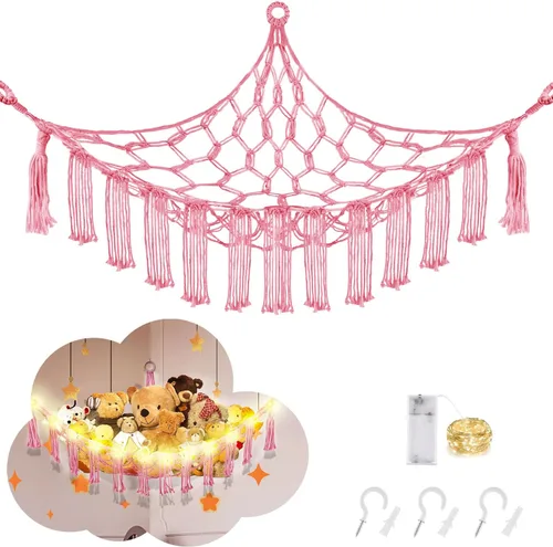 Miniatura 10 de CERETIA Hamaca de animales de peluche con luz LED, red grande de almacenamiento en esquina de animales de peluche para decoración de habitación