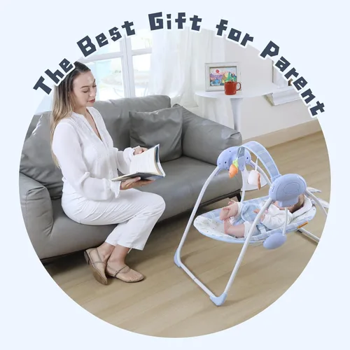 Miniatura 6 de Columpio de bebé portátil para bebés, compacto y plegable con columpio de 5 velocidades, música, temporizador, asiento acolchado, funciona