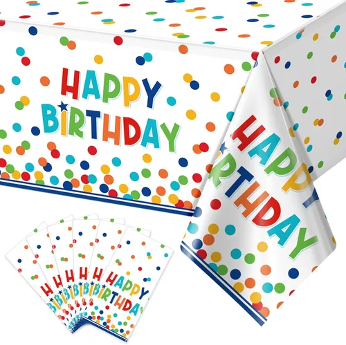 Miniatura 10 de Paquete de 3 manteles de plástico para decoración de cumpleaños, manteles desechables de lunares coloridos, mantel rectangular impermeable