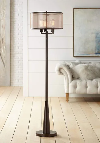 Franklin Iron Works Durango - Lámpara de pie rústica estilo vintage, estilo granja, 3 luces, 62 pulgadas de alto, bronce aceitado, marrón, pantalla