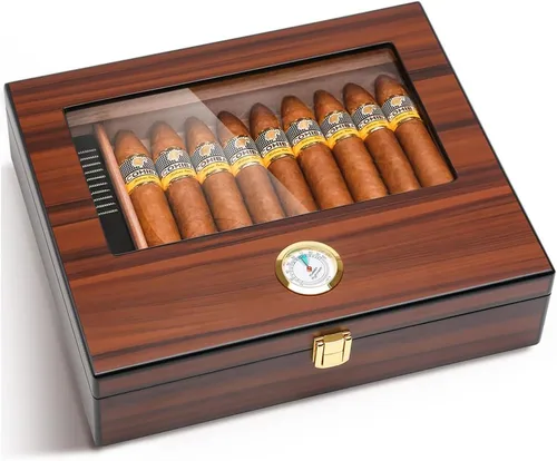 Bald Eagle Humidor de puros, caja superior de vidrio con higrómetro humidificador, caja de madera de cedro de escritorio hecha a mano con capacidad