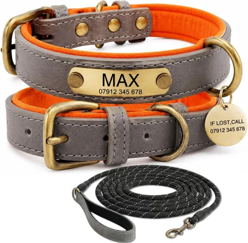 Miniatura 11 de Collar de cuero para perro personalizado y juego de correa, personalizado con diseño acolchado suave y resistente con placa de nombre grabada