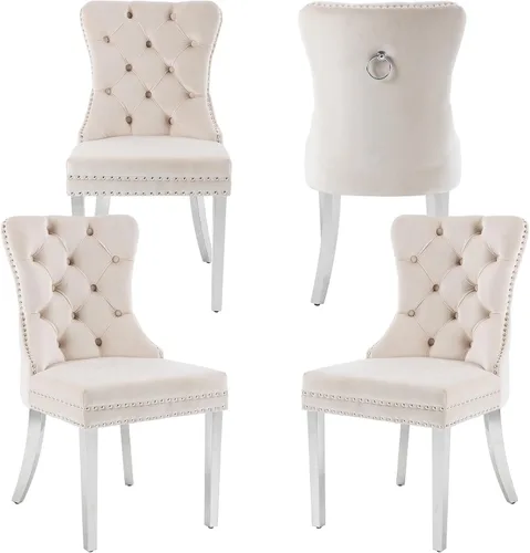 Miniatura 34 de Sillas de Comedor de Terciopelo Juego de 4, Colección Nikki Sillas de Comedor con Patas de Acero Inoxidable Plateado y Anilla, Silla Lateral de Lujo