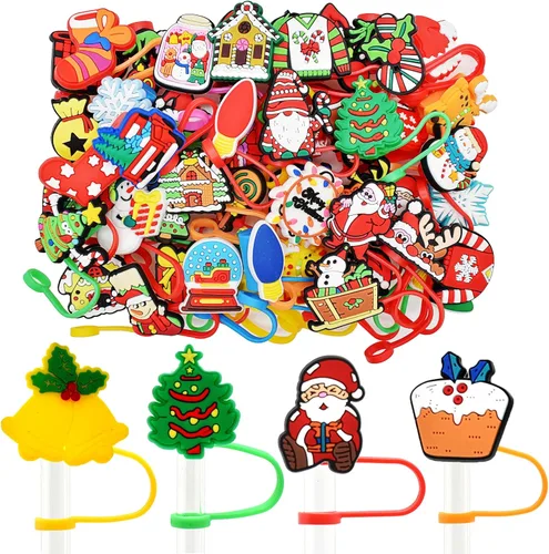 50 cubiertas de paja de Navidad al azar diferentes cubiertas de paja para vaso de 0.276-0.315 in, regalos de fiesta de Navidad, regalos de Navidad