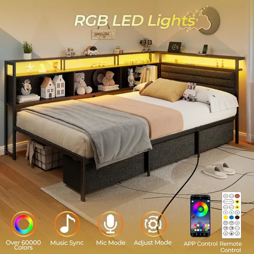 Miniatura 5 de OURPIC Marco de cama esquinero con estantería de almacenamiento y luces LED, marcos de cama de tamaño individual con cabecera tapizada y estación