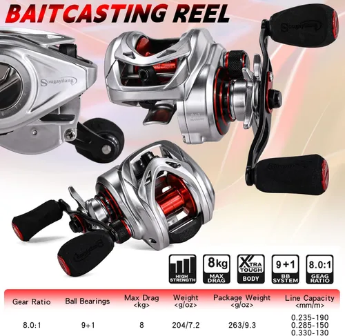 Miniatura 5 de Sougayilang Carrete de baitcasting – Marco de grafito ligero – 9 + 1 rodamientos de bolas anti-reversa, carrete de pesca de alta velocidad 8.0:1
