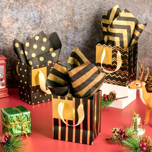 Miniatura 4 de Tenare 12 bolsas de regalo pequeñas, mini bolsa de papel metálica a granel con asa de papel de seda para envoltura de regalo, día del padre, negro