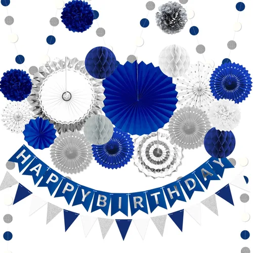 Miniatura 13 de 23 piezas de decoraciones de fiesta de cumpleaños azules para niños y hombres, bola de panal azul marino real azul claro, abanicos de papel