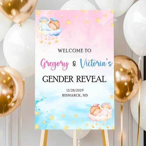 Miniatura 23 de Letrero de bienvenida personalizado de revelación de género con soporte, letrero de revelación de género para niño o niña, letreros de revelación