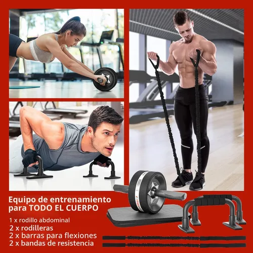 Miniatura 2 de EnterSports Kit de ruedas para abdominales, rueda de ejercicio para entrenamiento de fuerza abdominal con barras para flexiones, bandas de Negro