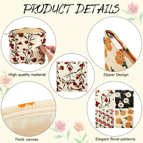 Miniatura 4 de Abbylike 4 piezas de bolsa de maquillaje floral, bolsa de cosméticos de pana con cremallera, pequeñas bolsas portátiles para bolso, mini bolsa