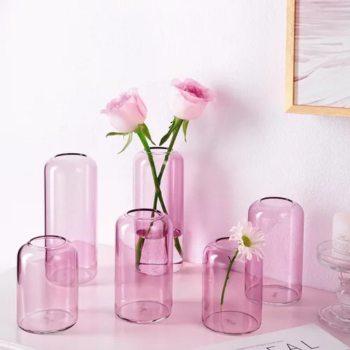 Miniatura 7 de ZENS Juego de 6 jarrones de cristal transparente rosa para flores. Moderno jarrón cilíndrico de vidrio soplado a mano para centros de mesa