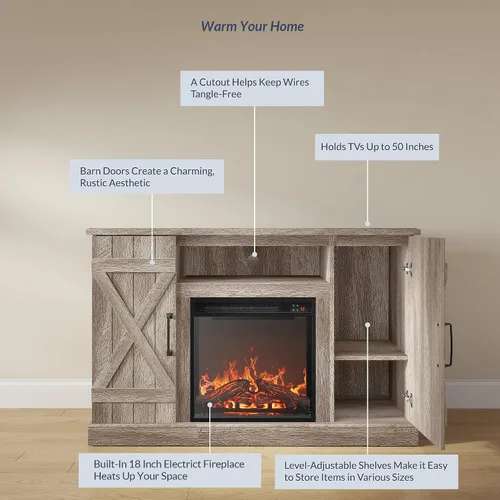 Miniatura 4 de BELLEZE Soporte de TV de 47 pulgadas con calentador eléctrico de chimenea de 18 pulgadas y consola de centro de entretenimiento multimedia para TV