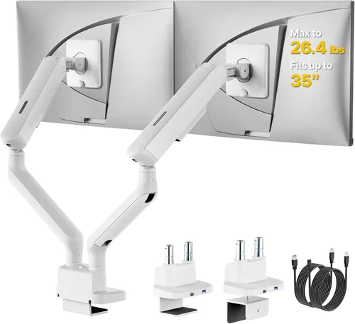 Miniatura 11 de monTEK Brazo de monitor dual con resorte mecánico para pantallas de 17 a 35 pulgadas, aluminio de grado aeroespacial, abrazadera en C y soporte