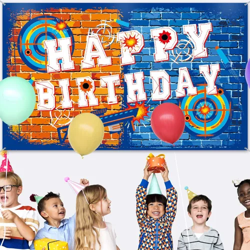 Miniatura 5 de Tatuo Fondo de pistola de feliz cumpleaños, decoración de fiesta, suministros de dardos, fondo de batalla, agua para decoración temática de fiesta