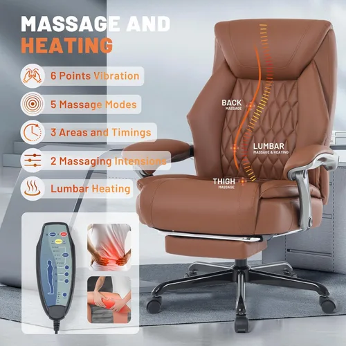 Miniatura 3 de Silla de oficina de masaje con función de calefacción y reposapiés, vibración de 6 puntos, silla de escritorio ergonómica reclinable ejecutiva