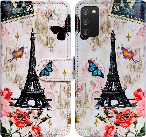 Miniatura 19 de Bcov Funda para Galaxy A03S, diseño de mariposas azules, flores, rosa, de cuero, con tapa para teléfono, con ranura para tarjetas, soporte