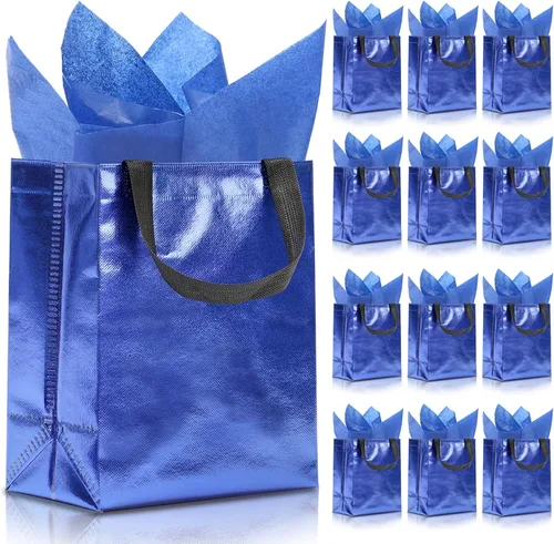 Miniatura 15 de KeerxunBag 12 piezas de bolsas de regalo reutilizables (incluye papel de seda) Bolsa de regalo con asa para cumpleaños, fiestas, días festivos