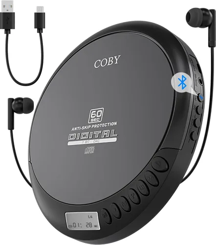 Coby Reproductor de CD Bluetooth portátil con radio FM y auriculares, disco recargable anti-salto con reproducción de MP3, entrada AUX, súper bajo,