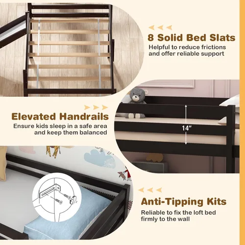 Miniatura 4 de Giantex Cama alta individual con tobogán, cama baja de madera para niños, escalera de escalada y espacio de almacenamiento, cama individual
