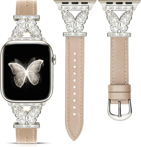 Miniatura 7 de JR.DM Correas de cuero para reloj para mujeres compatibles con Apple Watch 38mm 40mm 41mm 42mm (S10) con conector de mariposa brillante plateado