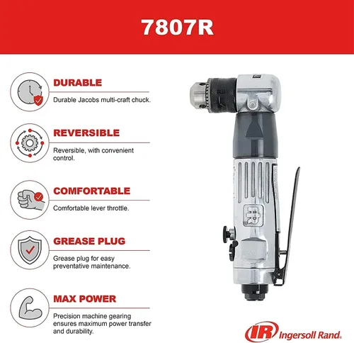 Miniatura 5 de Ingersoll Rand 7807R Taladro angular de aire reversible de 3/8 pulgadas, servicio estándar, 1800 RPM, mandril multimanualidades Jacobs silencioso