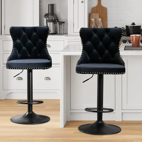 Miniatura 9 de Aoowow Juego de 2 taburetes de bar giratorios ajustables con respaldo de terciopelo copetudo, sillas de bar modernas tapizadas con cabeza de clavo