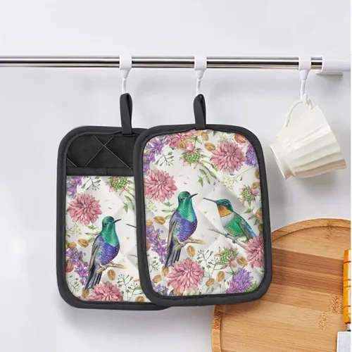 Miniatura 6 de Gomyblomy Hummingbirds & Flowers - Forro de sartén aislado para mujer, 2 piezas, resistente al calor, con bolsillo, protector de cocina ligero