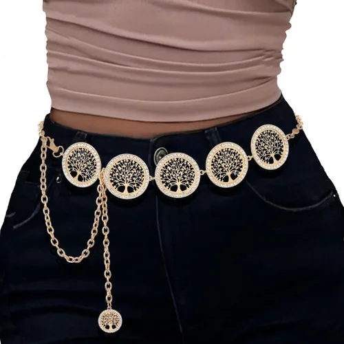 Navoky Rhinestone Chain Belts for Women Tree of Life Chain for Dress Jeans Metal Belly Waist Chain Jewlry Accessories