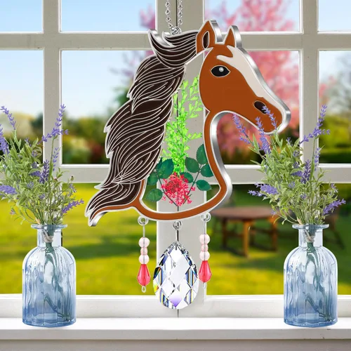Miniatura 8 de KY&BOSAM Atrapasoles de cristal pintado a mano con cabeza de caballo, campanilla de viento con flor prensada incrustada en ventana de cristal, Día