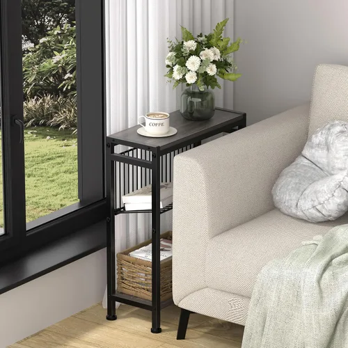 Miniatura 9 de Mesa auxiliar para espacio pequeño, mesa auxiliar estrecha de 3 niveles con soporte para revistas, mesita de noche delgada, mesa de sofá delgada Gris