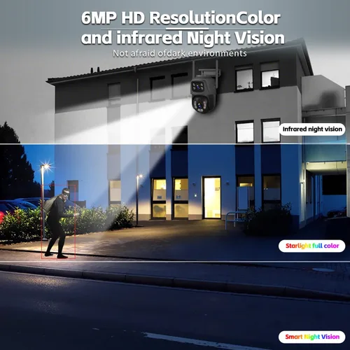 Miniatura 5 de Cámara de seguridad para exteriores de 6 MP, sistema de vigilancia PTZ de 360°, enlace de doble lente 2.4Ghz 24/7 Record IP67 Cámara WiFi