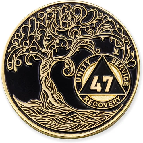 Miniatura 87 de 20 Year Sobriety Mint Twisted Tree of Life - Medallón de recuperación AA chapado en oro, fichas y fichas, color negro