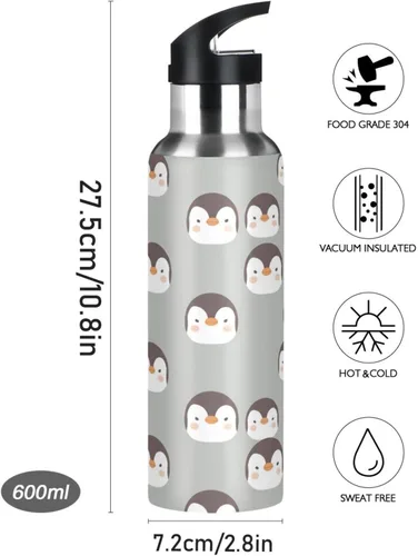 Miniatura 9 de Cute Penguins Face Gray Insulated Stainless Steel Water Bottle with Straw 20 Oz, BPA-Free Sport Water Bottle Insulated Leakproof Water Bottles