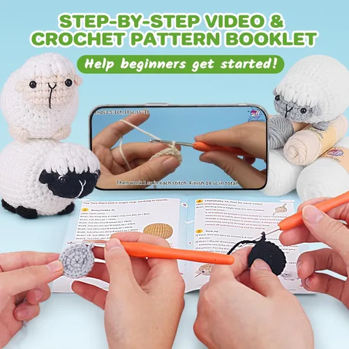 Miniatura 3 de Kit de ganchillo para principiantes, kit de inicio de ganchillo con tutoriales en video paso a paso, suministros de tejido de ganchillo Amigurumi