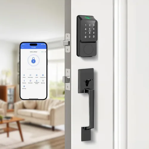 Miniatura 11 de Cerradura de puerta inteligente WiFi, entrada sin llave con puerta de enlace y asas, pantalla táctil, teclado de huellas dactilares, llave