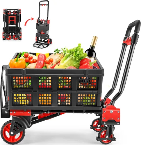 Miniatura 10 de Carretilla de mano plegable de 330 libras para trabajo pesado, combinación de cuatro ruedas y dos ruedas, carrito convertible con mango retráctil