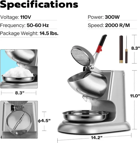 Miniatura 7 de VIVOHOME Trituradora de hielo de doble hoja de 11 pulgadas de altura, 300 W, 2000 rpm, máquina para fabricar cono de nieve, eléctrica plateada