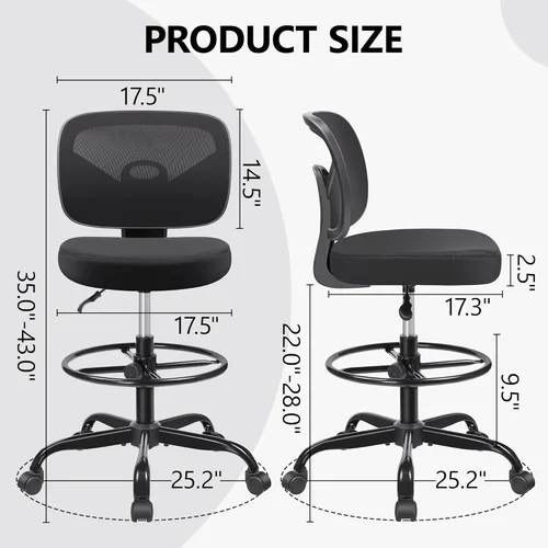 Miniatura 3 de Primy Silla Alta de Escritorio de Dibujo - Sin Brazos, Altura Ajustable, Respaldo de Malla, con Ruedas, Silla de Escritorio de Pie para Sala de Negro