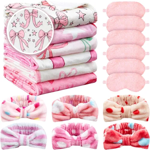 Miniatura 16 de Fanfanwin 18 piezas de suministros de fiesta de pijamas para niñas, 6 estilos lindos degradados, 6 diademas de forro polar coral para spa, 6