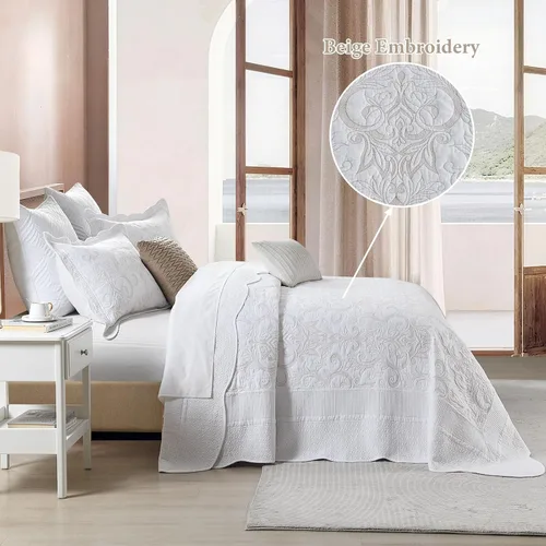Miniatura 3 de Bedduvit Juego de colcha extragrande de 120 x 128 pulgadas, 100% algodón natural, colcha blanca tamaño King, colcha suave y ligera, 3 piezas